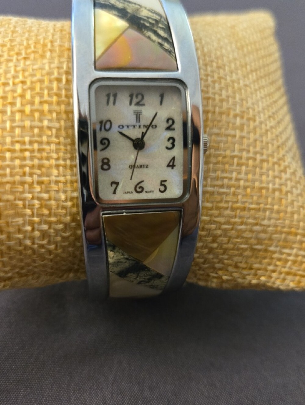 Silver Tone Bangle Watch with Mother-of-Pearl Inlay - Taupe/Gold